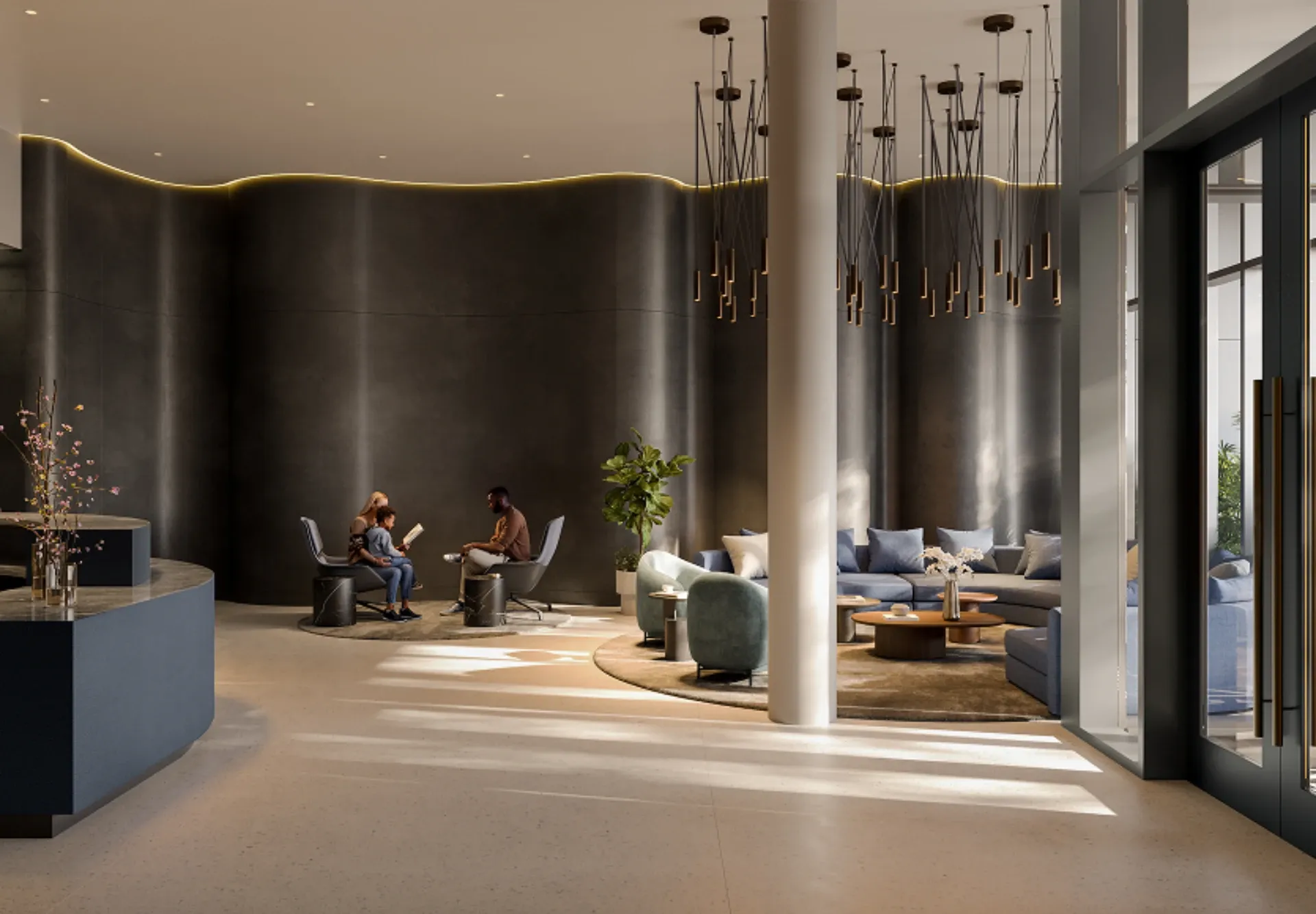 Luxury lobby at 89 DeKalb with comfortable seating sofa in Fort Greene, Brooklyn.