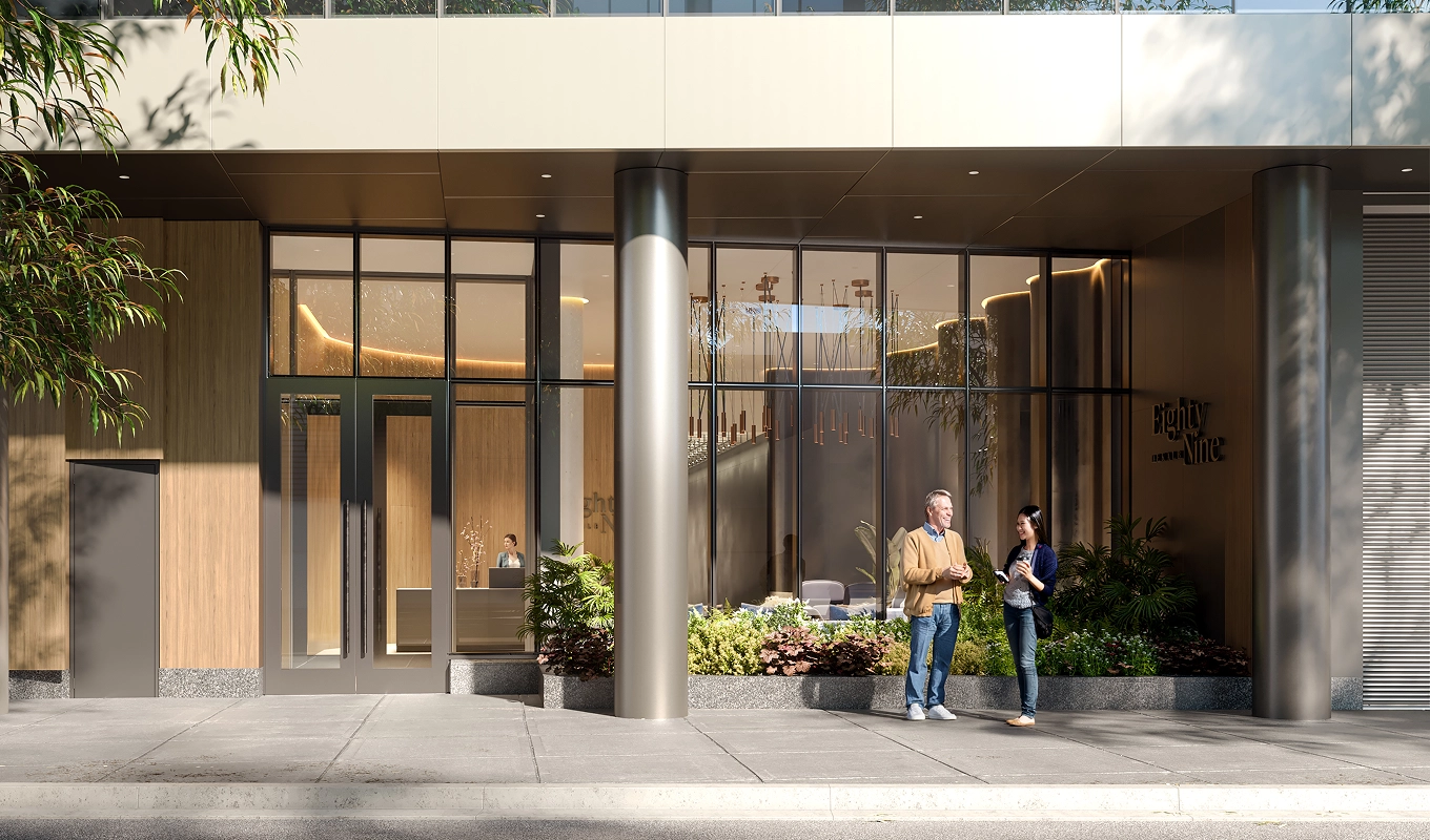 Street view of Eighty Nine DeKalb luxury apartment for rent in Fort Greene, Downtown Brooklyn.