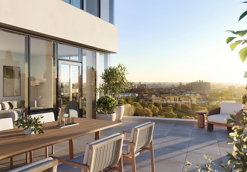Outdoor balcony with sunset city view at an apartment for rent in Downtown Brooklyn at Eighty Nine Dekalb.