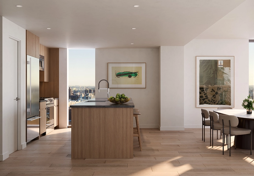 Modern open-end kitchen with advanced appliances at an apartment for rent at Eighty Nine DeKalb in Fort Greene, Brooklyn.