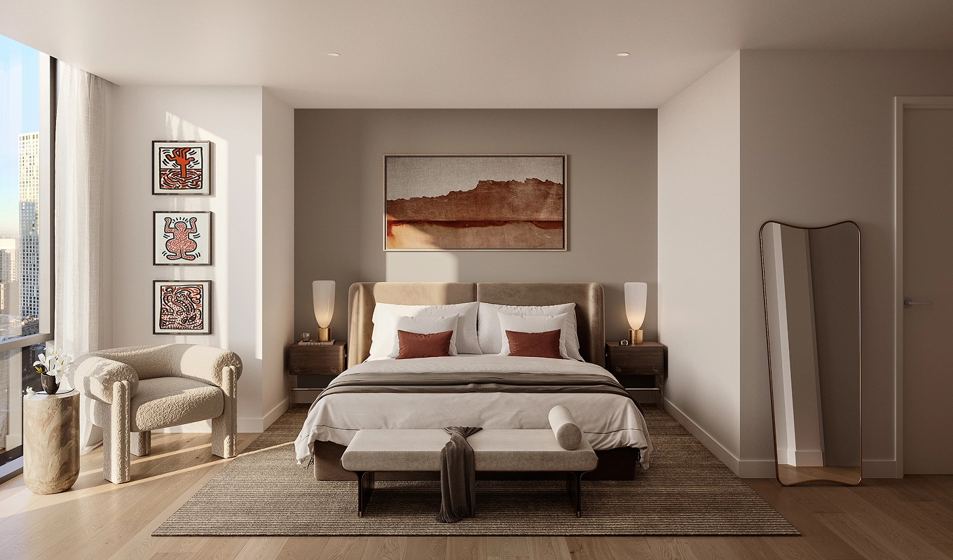 89 DeKalb apartment bedroom interior with floor-to-ceiling windows and minimalist decor in Fort Greene residence.