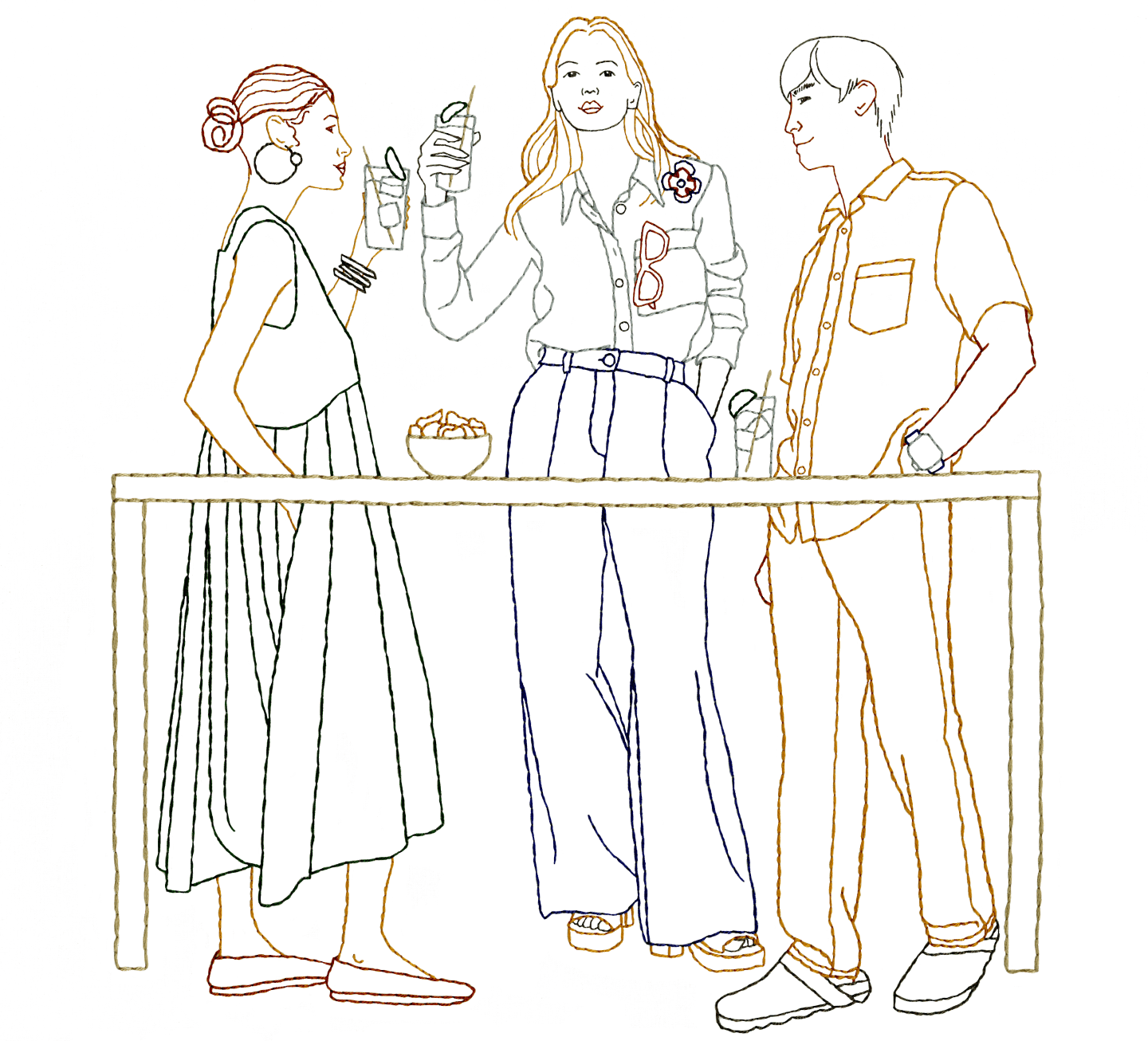 Line drawing of people drinking and enjoying their luxury living at Eighty Nine DeKalb apartment in Fort Greene, Brooklyn.
