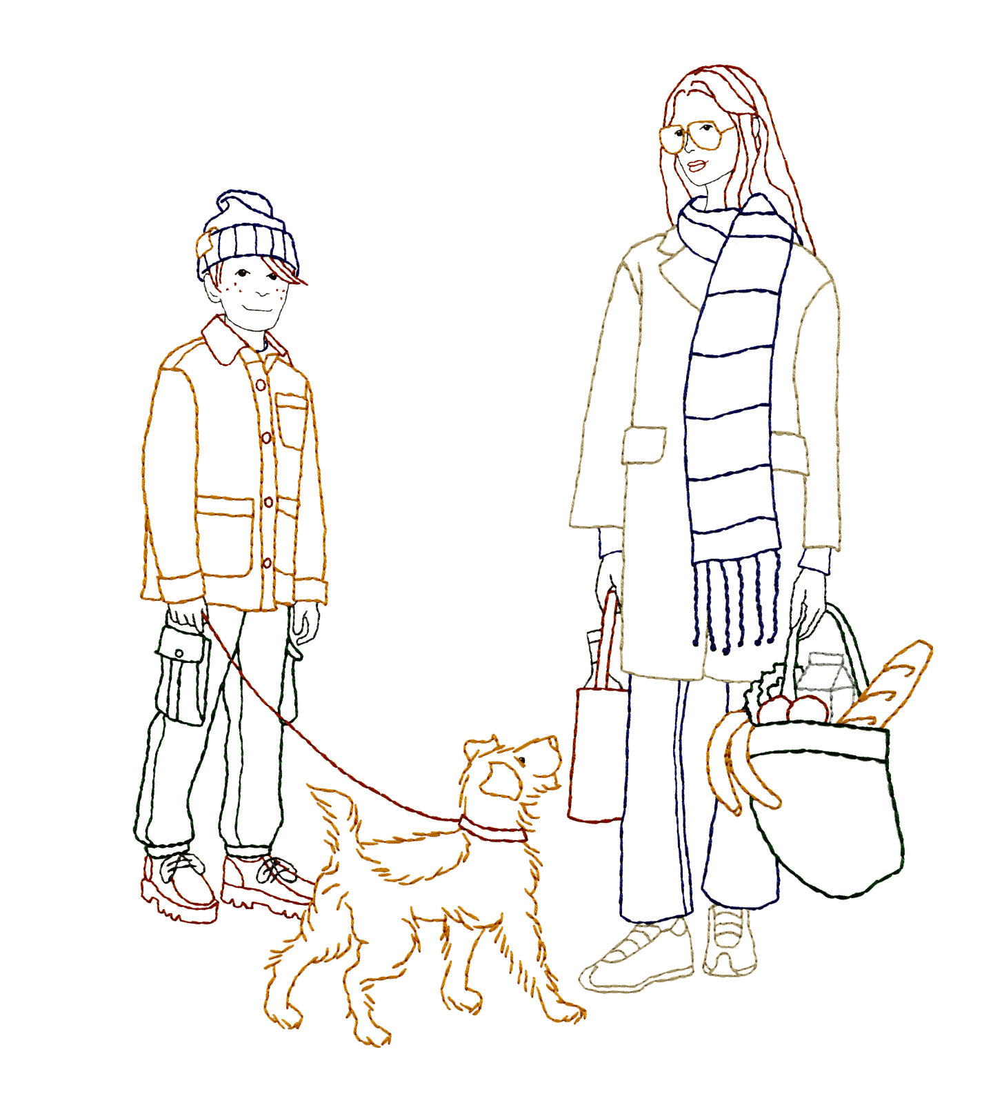 Graphic of family with dog and grocery bags, reflecting pet-friendly living in 89 DeKalb in Fort Greene.