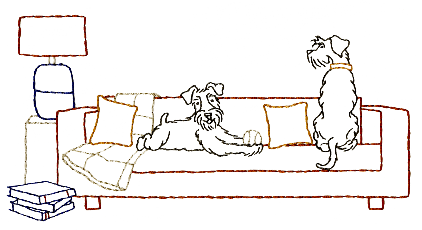 Line drawing of dogs relaxing on a sofa, highlighting pet-friendly apartments at Eighty Nine DeKalb in Fort Greene, Brooklyn.