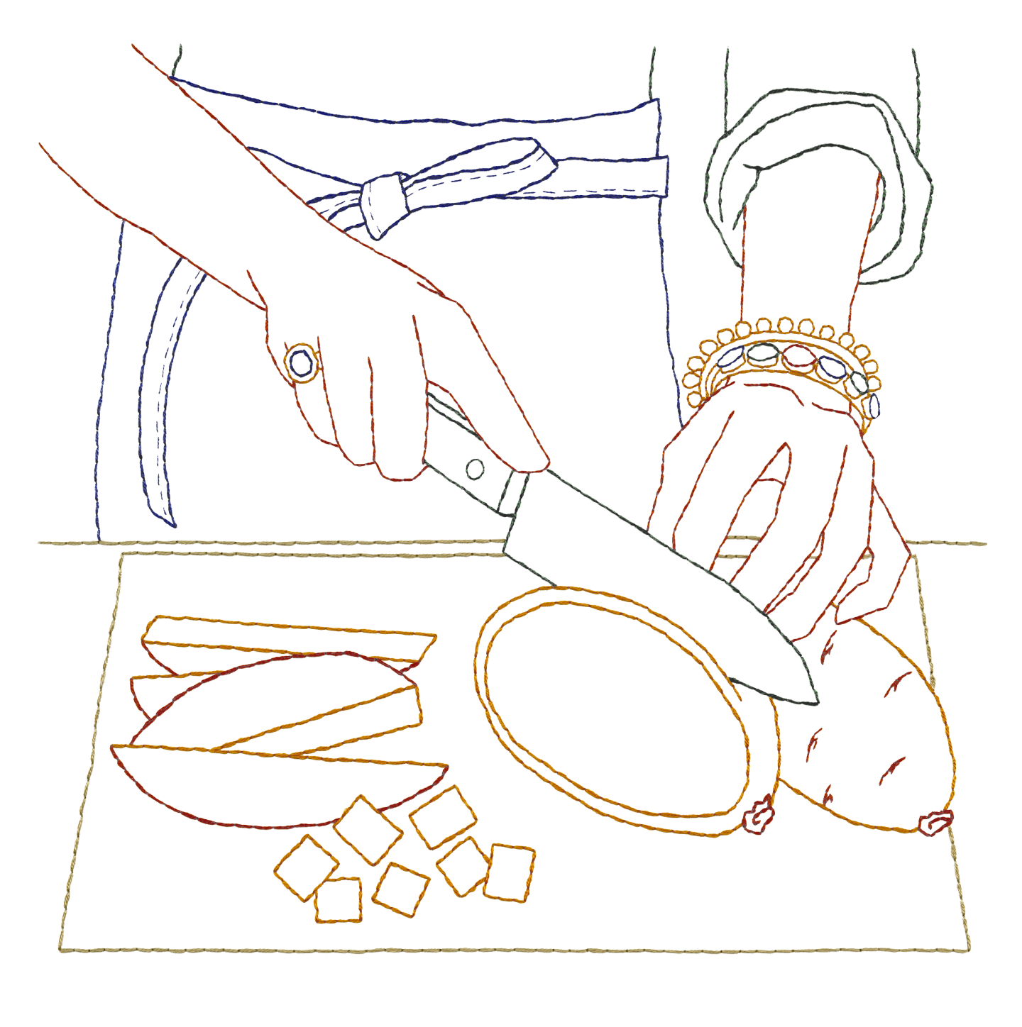 Line drawing of residents cutting food in the kitchen, highlighting modern living at 89 DeKalb in Fort Greene, Brooklyn.