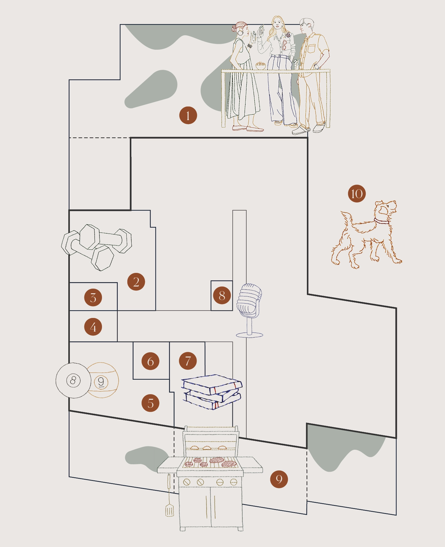 Eighty Nine Dekalb amenity map showcasing diverse amenity facility for luxury living in Fort Greene, Brooklyn.