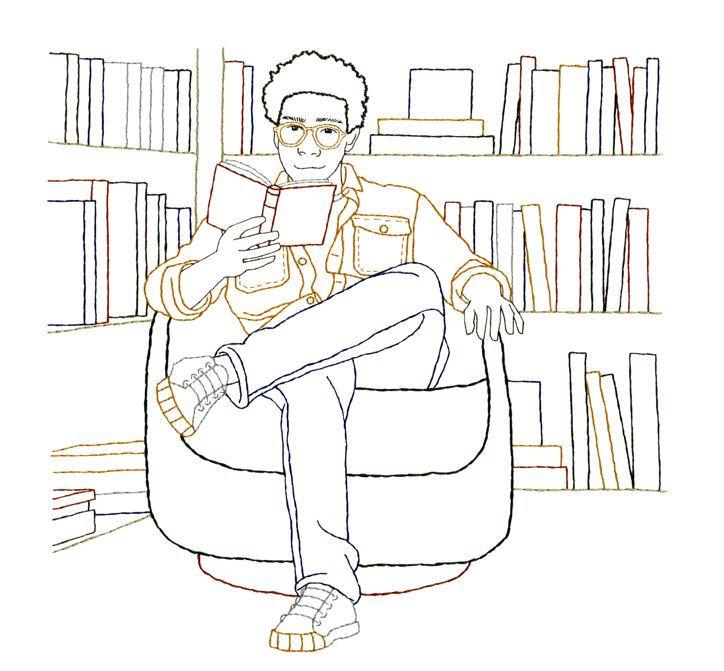 Line drawing of residents reading books at 89 DeKalb's luxury apartment lounge in Fort Greene, Brooklyn.